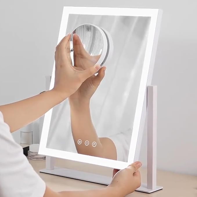 HIEEY Lighted Makeup Mirror, Hollywood Vanity Mirror with Lights, Three Color Lighting Modes, with 4in 20X Magnification Mirror, Smart Touch Control, 360°Rotation (17.4in,White,Gift Box)