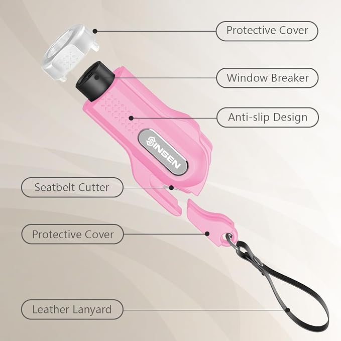 SINSEN Car Safety Hammer, 2-Pack Window Glass Breaker & Seatbelt Cutter, Emergency Keychain, Automotive Escape Kit and Survival Tool for Land/Underwater, Pink & White
