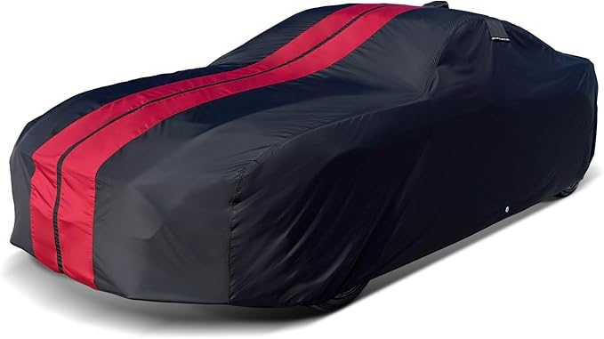 iCarCover Premium Heavy Duty Car Cover - Waterproof All Weather Rain Snow UV Protection, Corvair 2-Door 4-Door, SL-Class, AMC AMX, Skyline, Corolla Sedan, Size C24 (See Size Chart), Stripe - Black/Red