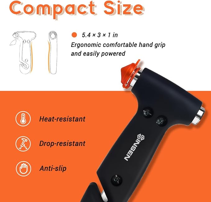 SINSEN Window Breaker Seatbelt Cutter, Car Glass Breaker Tool, Safety Hammer Emergency Escape Kit, 3-in-1, Matte Black