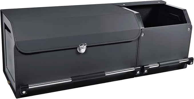 Car Trunk Organizer, Collapsible Leather Car Trunk Storage Organizer with Lid and Sturdy Handle Car Organizer and Storage for SUV, Truck, Sedan (Black, 36.2 x 11.4 x 12.2in)