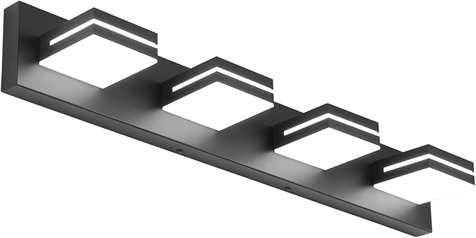 SineRise LED Modern Bathroom Vanity Light Fixtures (4-Light, 30-Inch, Dimmable), Matte Black Modern Acrylic Bathroom Wall Lighting Fixtures Over Mirror (Cool White 6000K)
