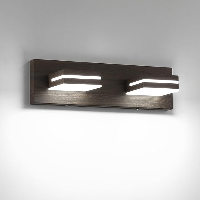SineRise LED Modern Bathroom Vanity Light Fixtures (2-Light, 15.5-Inch), Brown Wood Painted Modern Acrylic Bathroom Wall Lighting Fixtures Over Mirror (Cool White 6000K)