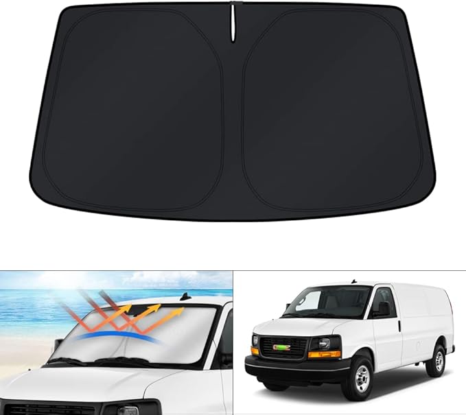 KUST Windshield Sun Shade for 1996-2024 GMC Savana Van Accessories, Passenger & Cargo Van Window Sunshade Sun Visor Protector Foldable Blocks UV Rays Keep Your Car Cooler