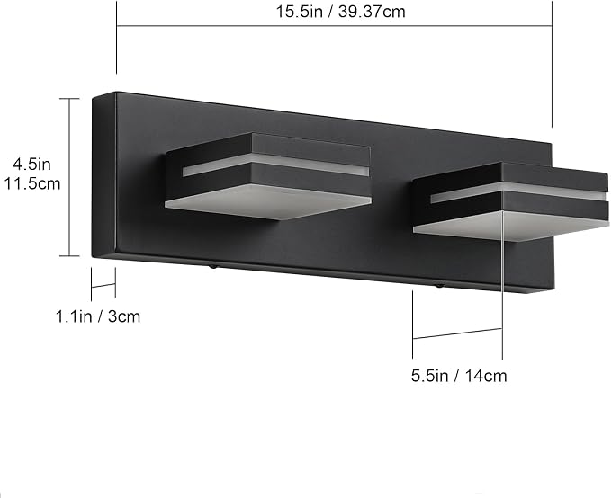 SineRise LED Modern Bathroom Vanity Light Fixtures (2-Light, 15.5-Inch), Matte Black Modern Acrylic Bathroom Wall Lighting Fixtures Over Mirror (Cool White 6000K)