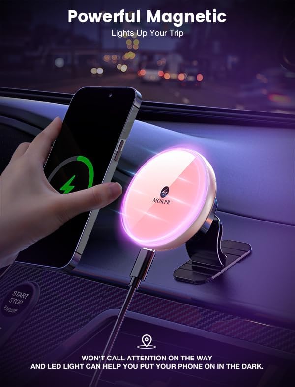 MOKPR for Magnetic Car Mount Charger-15W Wireless Car Charger-Magnetic Car Phone Holder for Dash Air Vent-LED RGB HandsFree Car Mount Fast Car Charger for iPhone 16 15/14/13/12 Pink