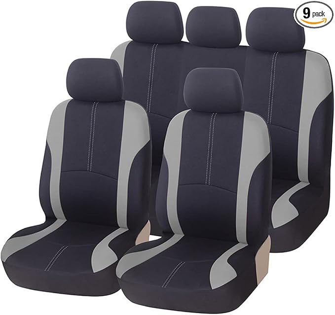 AICEL 9PCS Car Seat Covers Full Set Mesh Fabric Auto Seat Protectors Gray | Padded foam laminate, removable headrest design, washable fabric, snap fastening, universal fit, automotive accessories
