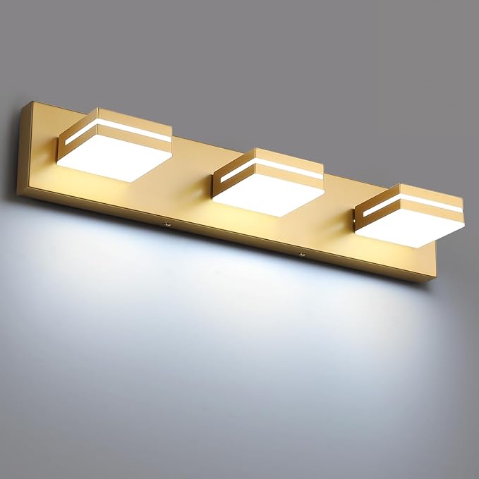 SineRise LED Modern Bathroom Vanity Light Fixtures (3-Light, 24-Inch), Matte Gold Modern Acrylic Bathroom Wall Lighting Fixtures Over Mirror (Cool White 6000K)