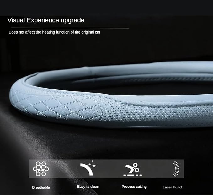 Universal Light Blue Steering Wheel Cover - Premium Perforated Leatherette & Odorless Rubber Inner Grip for Non-Slip Control and Cool Style, Easy Install for Most Cars
