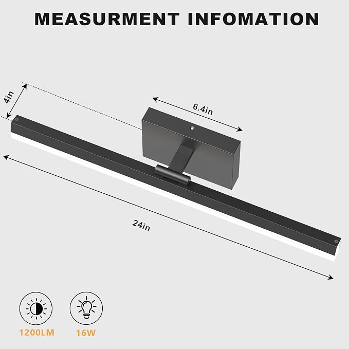IZORRO Modern Bathroom Vanity Light 24 inch, Rotatable, 16W Dimmable Led Bathroom Light Fixture Over Mirror, Black Vanity Light Bar (5 Color Temperature)