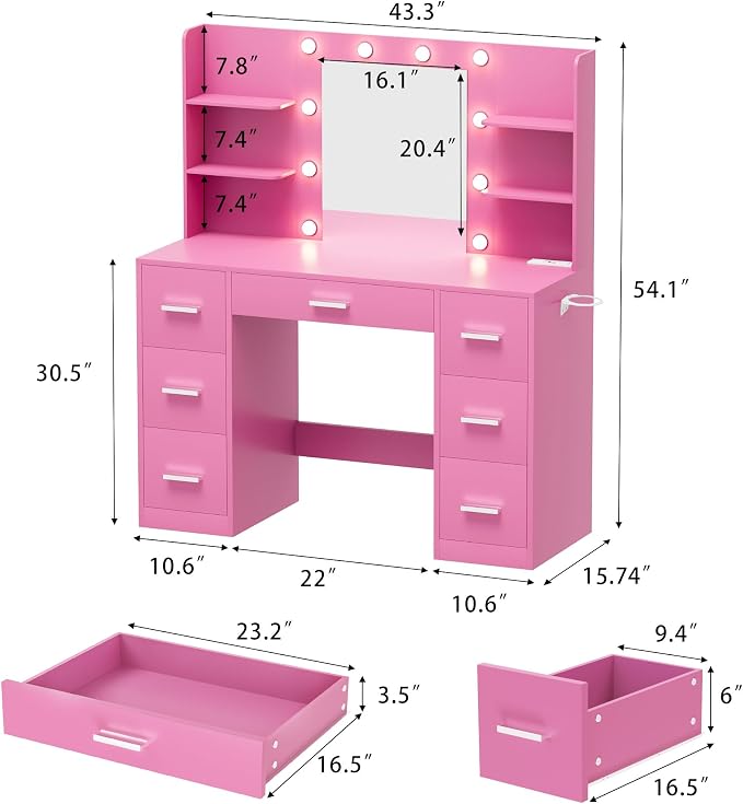 Furmax Vanity Desk with Mirror, LED Lights and Power Outlet Makeup Vanity Table with 7 Drawers and 6 Storage Shelves Dressing Table for Bedroom Dressing Room (Pink)