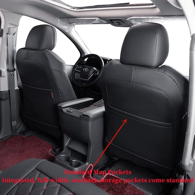 coverdream Sienna Seat Covers Custom Fit for 2021-2026 Toyota Sienna Limited,Platinum,7-Seater,2nd Row Captain Seats w/Leg Rest,Waterproof Faux Leather Car Seat Protector (Full Set,Black/Red)