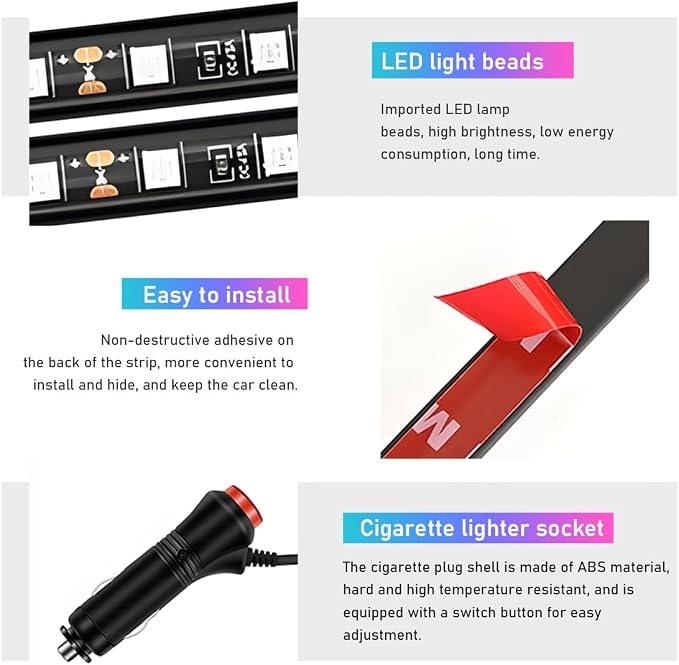 Ohleats Car LED Strip Light, 24 LED RGB Auto Interior Atmosphere Lights, Cigarette Lighter Under Dash Ambient Night Light, Interior Decorative Lamp Lighting Kit Car Accessories (Orange)