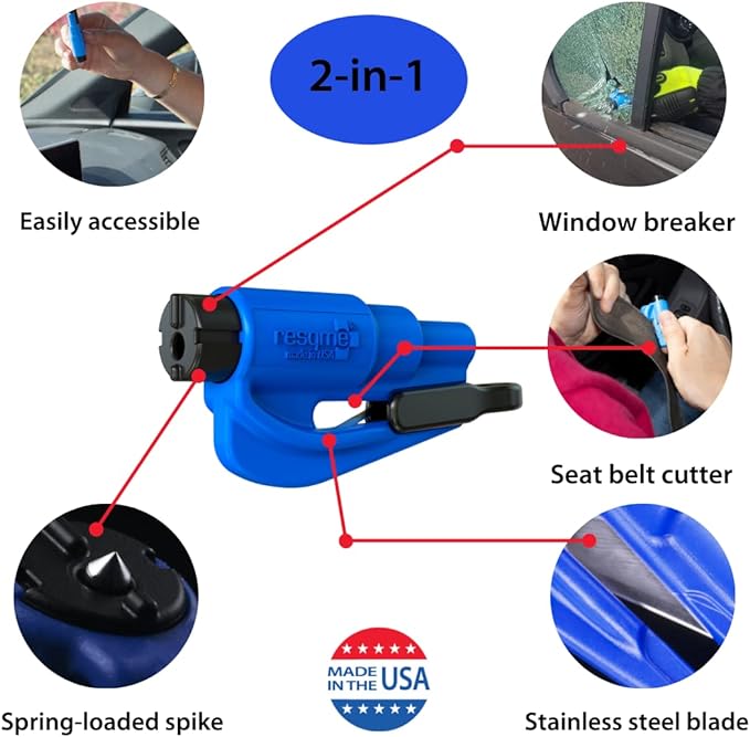 resqme The Original Emergency Keychain Car Escape Tool, 2-in-1 Seatbelt Cutter and Window Breaker, Made in USA, Pack of 6, Blue, Red - Compact Emergency Hammer