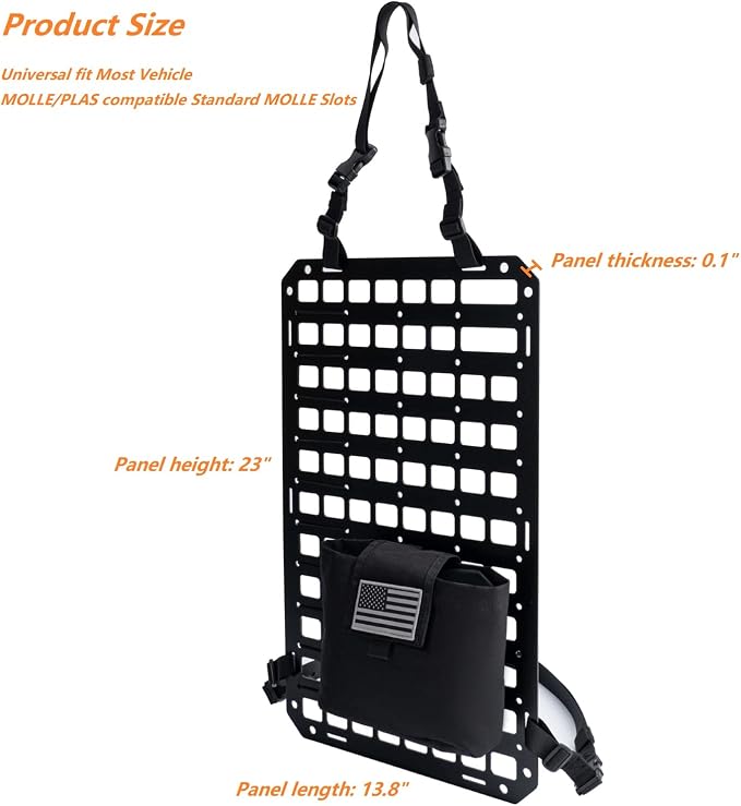 TACNEX Rigid MOLLE Panel for Vehicle Seat Back Organizer Aluminum Alloy Plate for Auto Modular Storage Patrol Car Tactical Gear EDC Pouch Holder Holster Bag Rack Mount Platform
