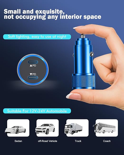 iPhone Car Charger Fast Charging,iPhone 16 Car Charger 2PACK Dual USB C PD3.0 Port CarCharging Adapter and USB C to C Braided Nylon Charging Cable Compatible with iPhone 16/16 Pro Max/15/iPad(Blue)