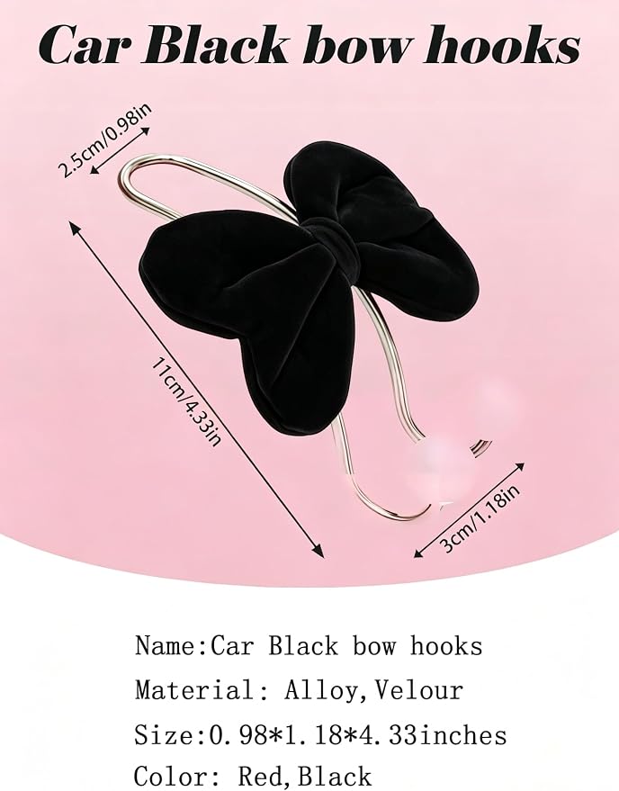 2PC Car Hooks for Purses and Bags Cute,Bowknot Seat Back Hook for Car Headrest Purse Holder Clip,Auto Hanger Seat Decorations Accessories for Women,Black Bow