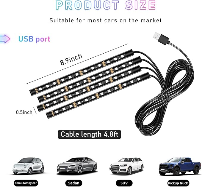 Ohleats Car LED Strip Light, 48 LED RGB Auto Interior Atmosphere Lights, Cigarette Lighter Under Dash Ambient Night Light, Interior Lamp Lighting Kit (Orange, USB)