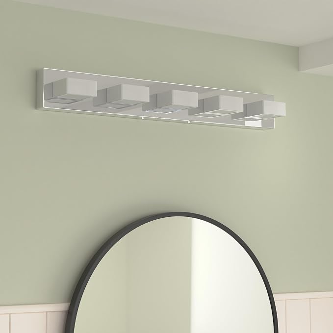 Ralbay Dimmable Chrome Bathroom Light Fixtures 5 Lights Modern LED Vanity Light Fixtures Acrylic Stainless Steel Chrome Bathroom Vanity Wall Lighting Over Mirror