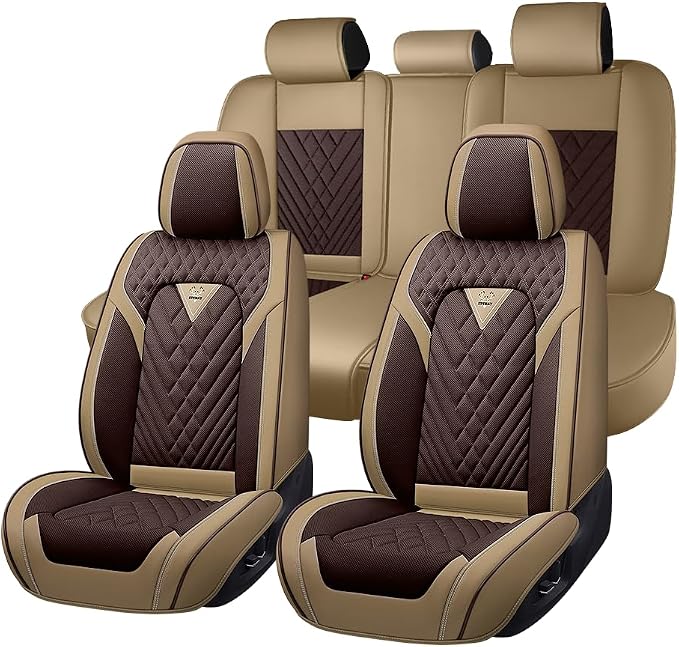 Fit for Toyota Yaris Seat Covers 2007-2020,Premium Leather, 360° Full Protection, Thick Padding & Memory Foam, Waterproof & Stain-Resistant Car Seat Cover Full Set (5 Seat,Brown&Beige)