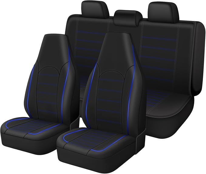 TOYOUN Classic Universal PU Leather Car Seat Covers Full Set Fit Most Cars Trucks SUVS or Vans Blue High Back Front Bucket and Rear Auto Seat Covers Set Car Seat Protector