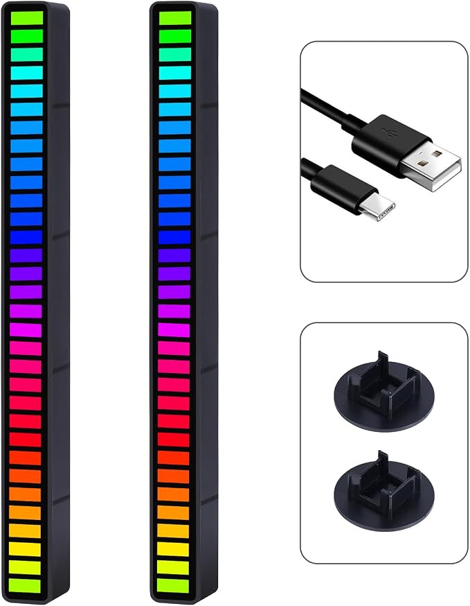 RGB Sound-Activated Music Rhythm Car Ambient LED Strip Light, 2packs | Gaming or Party Atmosphere, Sound-Sensitive Pulsing, Rechargeable Battery, Soft RGB Lighting, Type-C Charging (App)