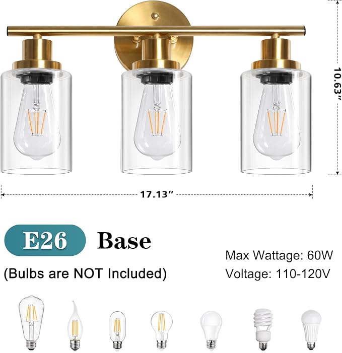 Unicozin Modern Bathroom Light Fixtures, 3 Light Vanity Lights, Gold Wall Lamp with Clear Glass for Bathroom, Mirror, Living Room, Bedroom, Hallway, E26 Base