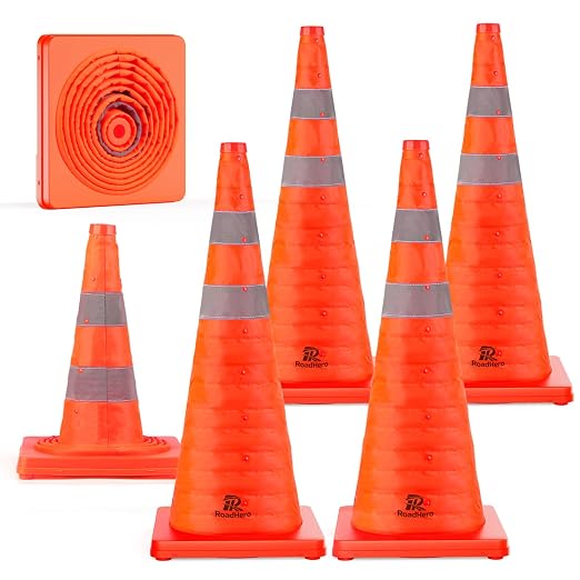 RoadHero 28 Inch 6 Pack Collapsible Traffic Safety Cones, Multi Purpose Pop-up Cones with Reflective Collar for Road Safety, Orange Cones for Driving Training, Parking Lots