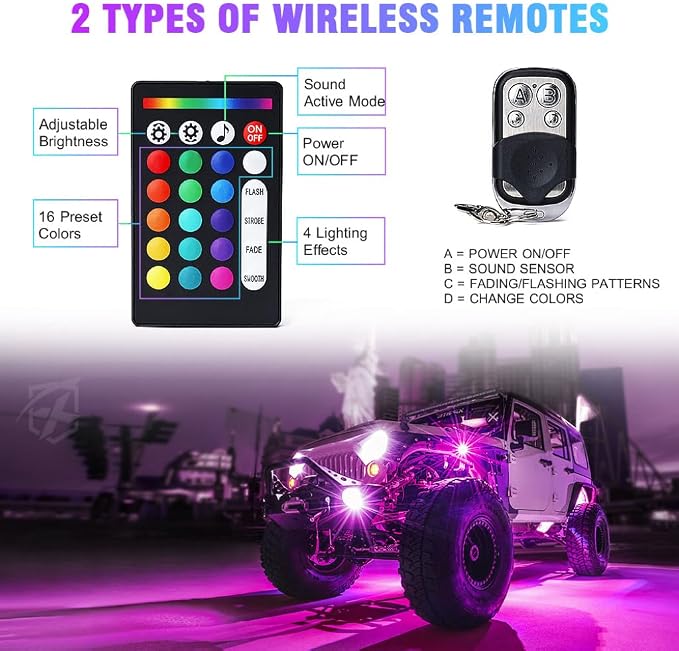 Xprite 8 Pods Rock Lights Wide Angle Bluetooth Rocklights, Multicolor Neon Lighting Footwell Underglow Kits w/Wireless Remote Compatible with Jeep UTV ATV SUV RZR Off-Road Trucks Cars Boats
