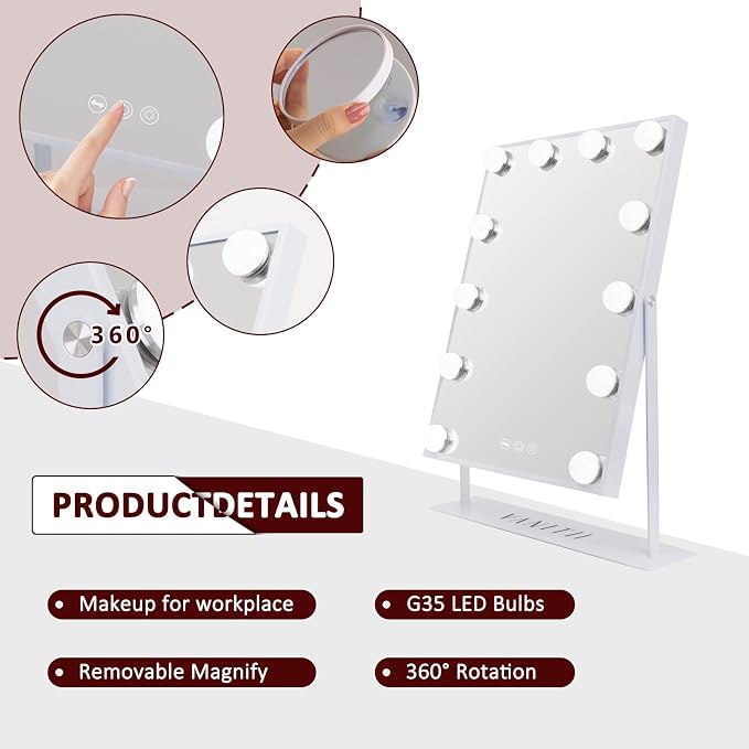 VANITII Lighted Vanity Hollywood Mirror with 12 Dimmable Bulbs Smart Touch Control 3 Colors Light for Tabletop, Detachable 10X Magnification