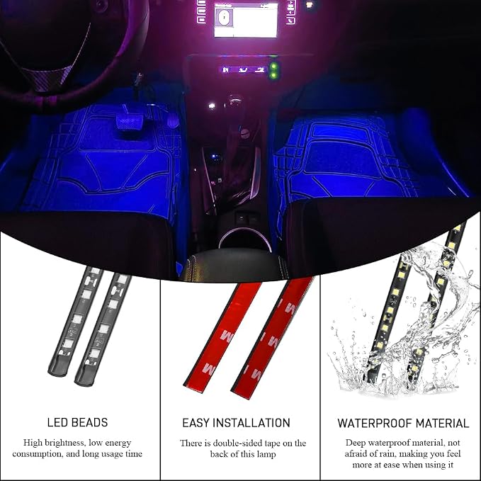 Car LED Strip Light, Car Interior Lights, 12V 24 LED Under Dash Atmosphere Lights with Cigarette Lighter Port, Auto Atmosphere Under Dash Lighting Kit for Vehicles (Blue, Cigarette Lighter)