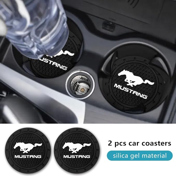 Black Silicone Car Coasters for Ford Mustang Series Non-Slip Car Cup Holder Coasters,Car Interior Accessory for Car Cup Holder 2Pcs 2.75 Inch