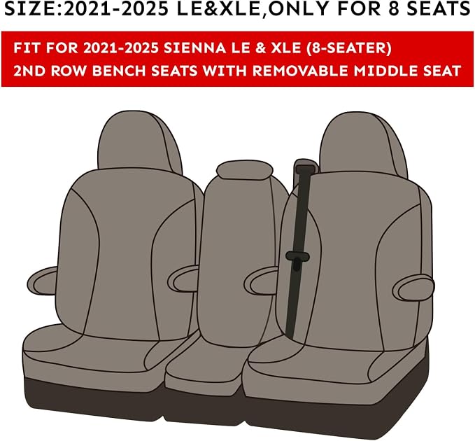 coverdream Sienna Seat Covers Custom Fit for 2021-2026 Toyota Sienna LE/XLE (8-Passenger),2nd Row Bench w/Removable Middle Seat,Fully Covered,Waterproof Leather Car Seat Protector (Full Set,Gray)