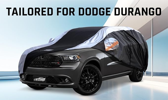 Dodge Durango Car Cover Waterproof All Weather with Silver Strip Design, Custom Fit for Dodge Durango 2005–2025, Durango Accessory with Door Zipper & Windproof Straps