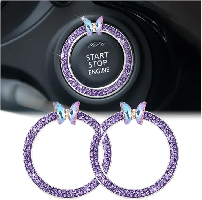 2PCS Bling Car Engine Start Stop Decoration Ring, Crystal Rhinestone Auto Push Start Button Ignition Ring Sticker, Vehicle Decor Accessories for Women Girls, Universal for Vehicles (Purple)