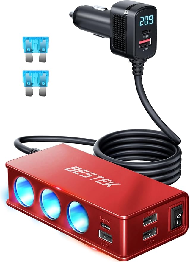 BESTEK 148W Cigarette Lighter Splitter 9 in 1 Cigarette Lighter Adapter with 3-Socket PD 30W and QC3.0 18W Charging Ports LED Display Super Fast Charger for Dash Cam, GPS, iPad/Laptop/Phone(Red)