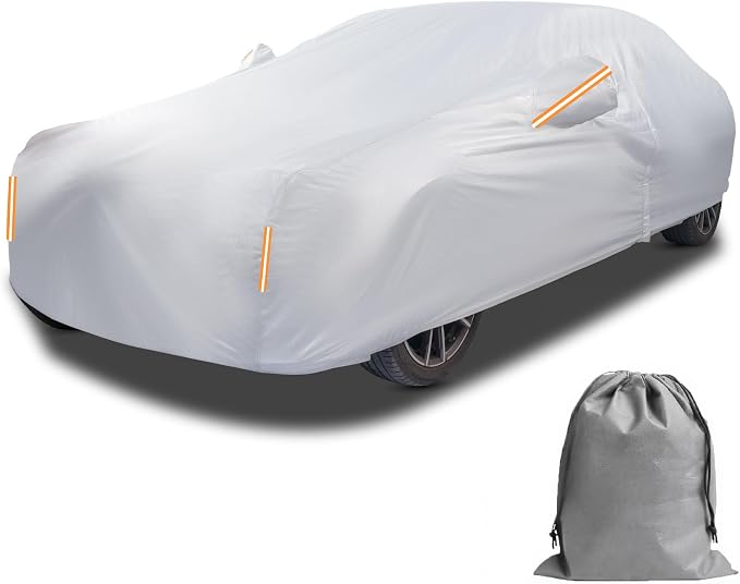Caromop 10-Layer Waterproof Car Cover All Weather Protection (Snow, Rain, Sun) with Secure Fit Straps and Easy On/Off Zipper-Size A6 (See Size-Chart)