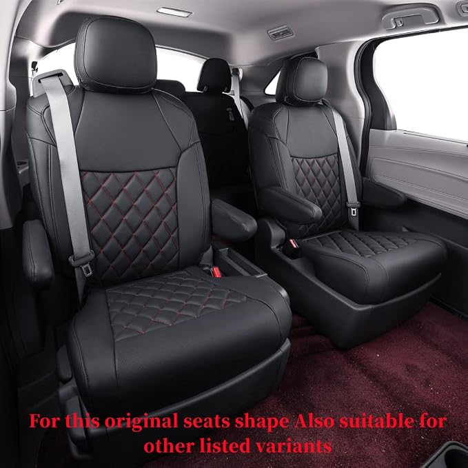 coverdream Sienna Seat Covers Custom Fit for 2021-2026 Toyota Sienna Limited,Platinum,7-Seater,2nd Row Captain Seats w/Leg Rest,Waterproof Faux Leather Car Seat Protector (Full Set,Black/Red)