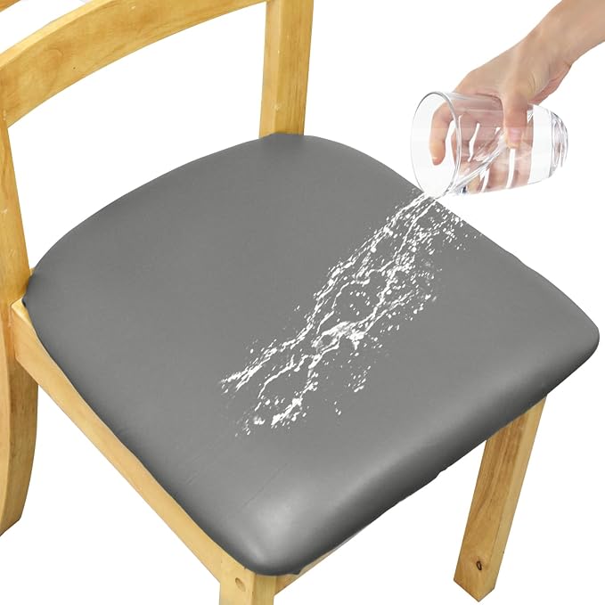 Leather Stretch Chair Seat Covers with Elastic Ties,Waterproof Dining Room PU Leather Chair Cover Seats,Removable Washable Chair Protector Seat Cushion Slipcovers for Home,Kitchen (Gray, 4 PCS)