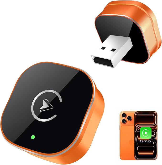 【2026 Upgarded】 Wireless CarPlay Adapter for iPhone, Mini USB Design for Cars with Wired CarPlay, Fast Connection,5.8GHz WiFi, Compatible with iOS 10+ & iPhone 6+, USB/Type C,Plug and Play(Orange)