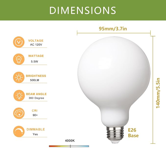 2 Pack G30 Globe LED Light Bulbs, 5.5W Dimmable 50 Watt Equivalent LED Edison Bulbs, Neutral White 4000K, 500LM, E26 Base, Milky LED Filament Bulbs for Vanity Bathroom Bedroom