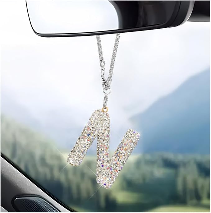 DXNQ Bling Initial Car Rear View Mirror Ornament, Crystal Sparkling Cute Letter Charm Pendant Auto Decor, Hanging Lucky Diamond Initial Charm Car Mirror Bag Ornament for Girl Women (Letter N)
