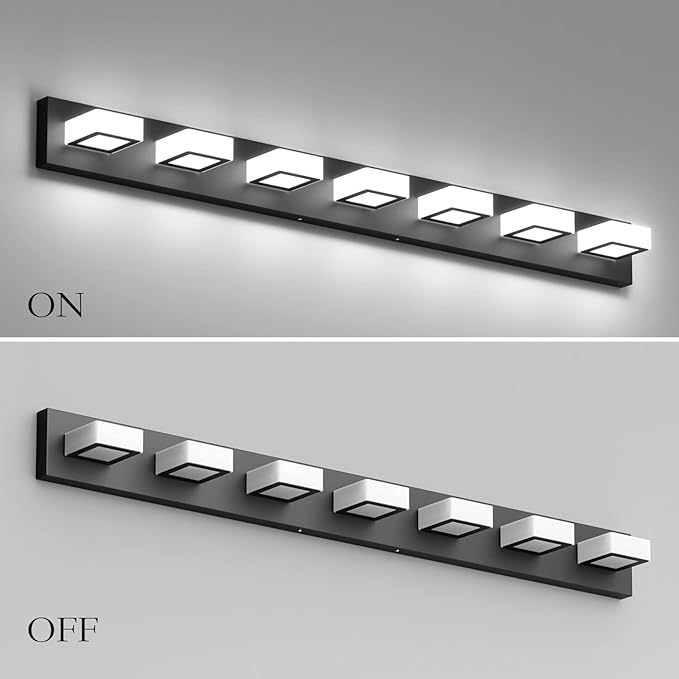 Ralbay 46" LED Modern LED Black Vanity Lights Fixtures 7 Lights Acrylic Matte Black Vanity Lights Modern Black Bathroom Wall Lighting Over Mirror