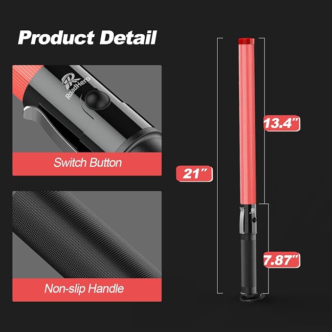 RoadHero 1 Pack Traffic Wand, 21 Inch Led Traffic Control Baton, Safety Light Wands with 2 Flashing Modes, Air Marshaling Signal Wand with Side Clip for Airport, Parking, Car Directing