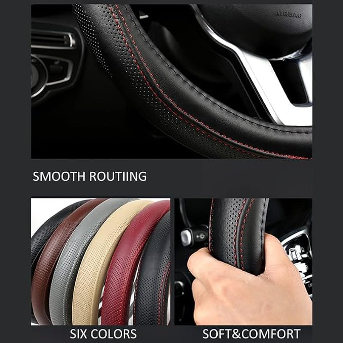Genuine Leather Steering Wheel Cover, Real Cowhide for 14.5-16 Inch Steering Wheels, Universal Fit for Cars and Trucks (Brown, 16inch)