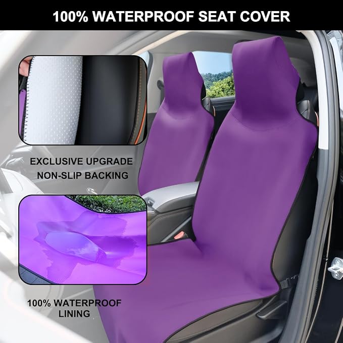 Neoprene Waterproof Car Seat Cover, Purple 2pcs, Non-Slip | Car Seat Protector, Sweat-proof, Universal Fit SUV & Truck, Machine Washable, For Gym, Yoga, Pets, Workout, Beach, Swimming