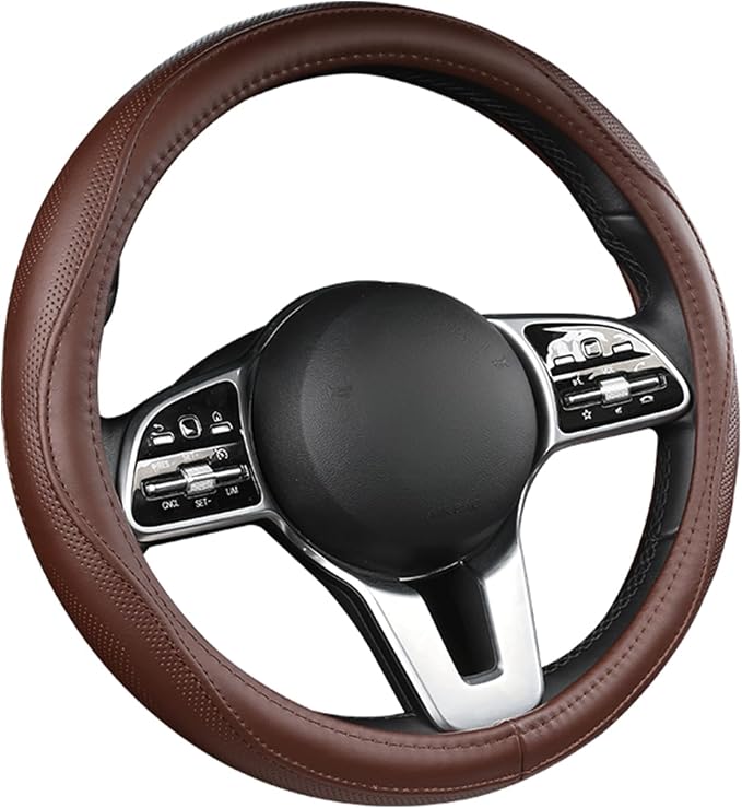 Cowhide Steering Wheel Cover Heat Resistant Anti-Slip Car Wheel Wrap Compatible with Most Makes and Models of Cars and Trucks with 14.5 to 15 Inch Steering Wheel(Brown)