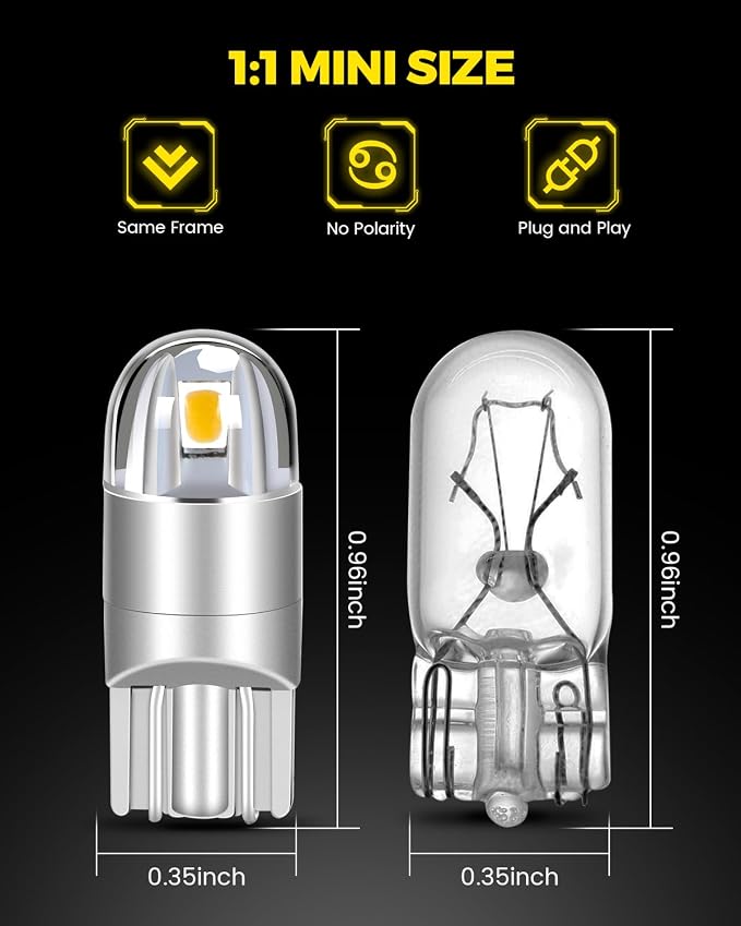 BANGO 194 LED Bulb, Super Bright 168 T10 2825 W5W LED Replacement Bulbs for Car Interior Dome Map Door Courtesy Trunk Side Marker License Plate Lights, Warm White (Pack of 10)