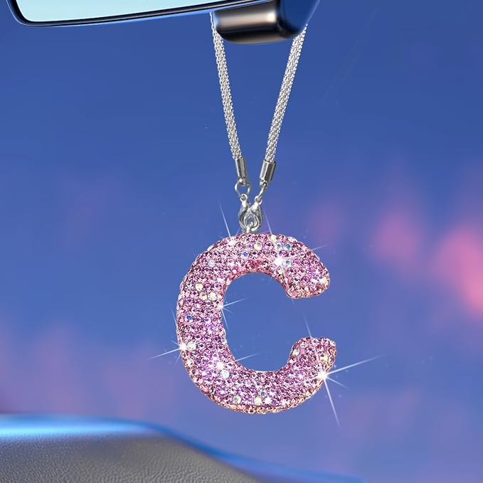 Bling Pink Car Accessories for Women Letter Charm, Rainbow Color Rear View Mirror Cute Crystal Pendant Car Decorations, Lucky Gifts Girly Diamond Rhinestone Charm Interior C