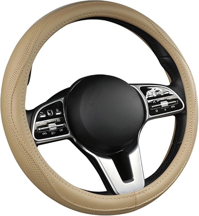 Cowhide Steering Wheel Cover Heat Resistant Anti-Slip Car Wheel Wrap Compatible with Most Makes and Models of Cars and Trucks with 14.5 to 15 Inch Steering Wheel
